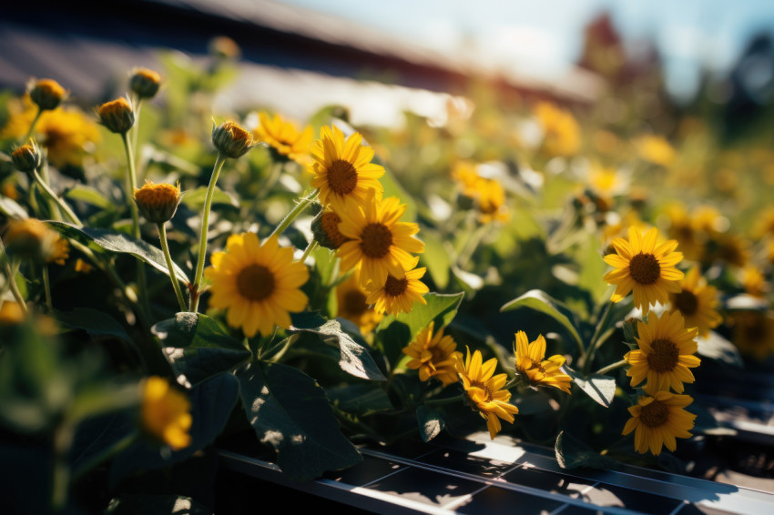 Sunflower field and solar panels illustrating sustainable living