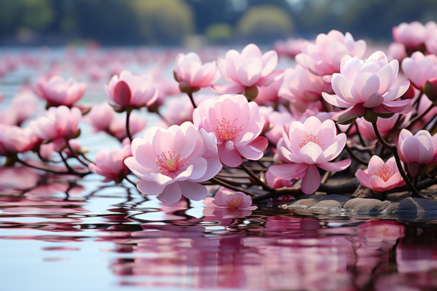 Calm and serene lotus pond landscape with pink petals