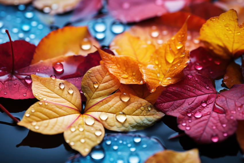 Close up shot of colorful maple leaves adrift on a serene pond