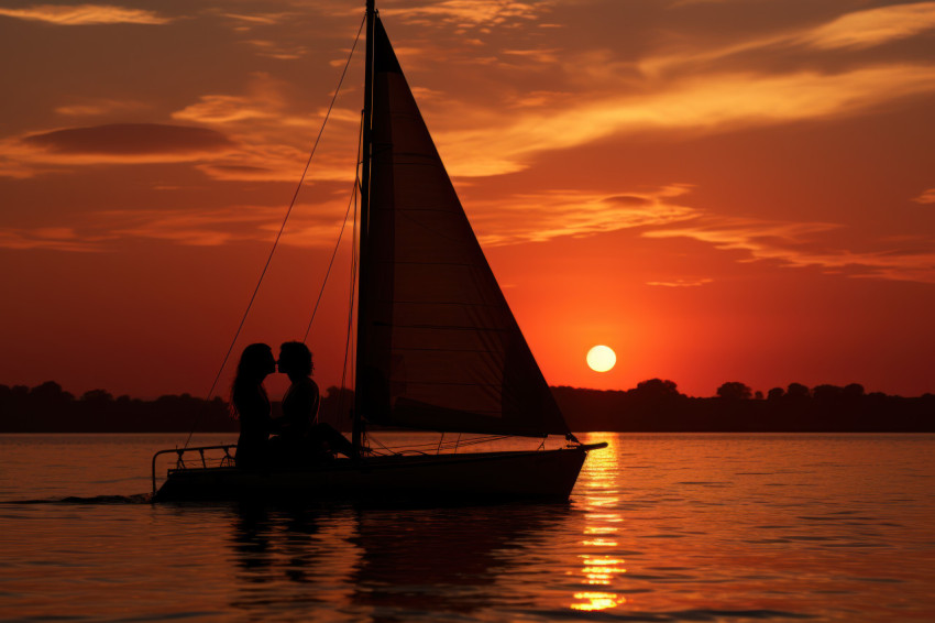 A couple silhouette against the setting sun