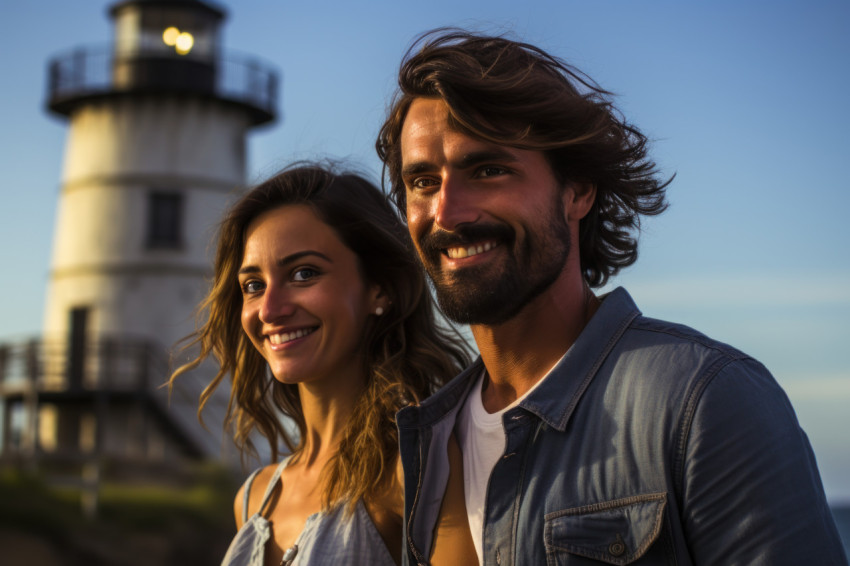 A couple stands beside a lighthouse