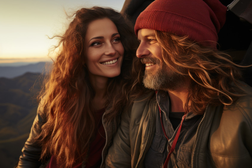 Couple embraces the magic of a hot air balloon ride amidst stunning landscapes