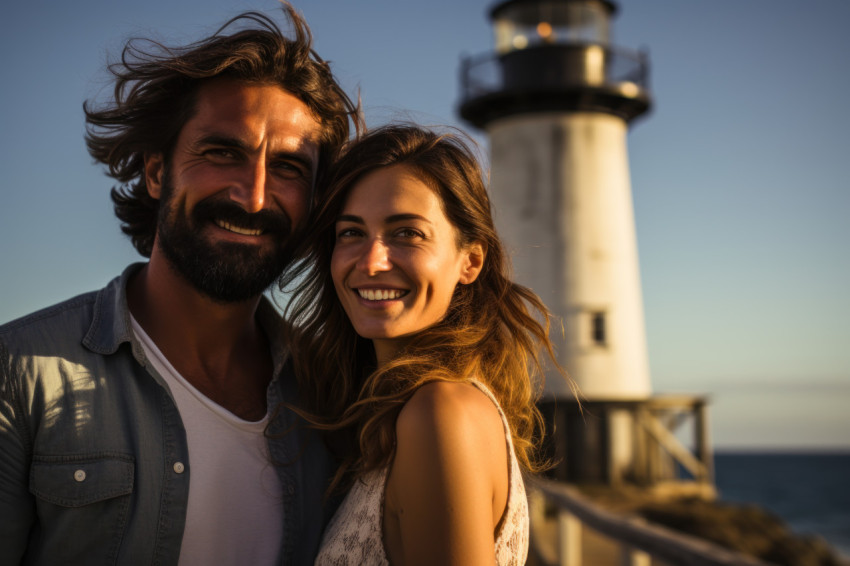 A couple shares a tender moment by the lighthouse