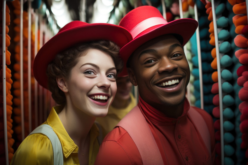 A couple immersed in the amusing challenge of a mirror maze at the carnival