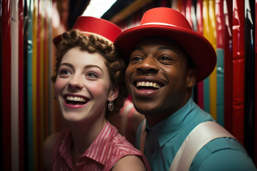 Playful moments in a carnival funhouse mirror maze with a joyful couple