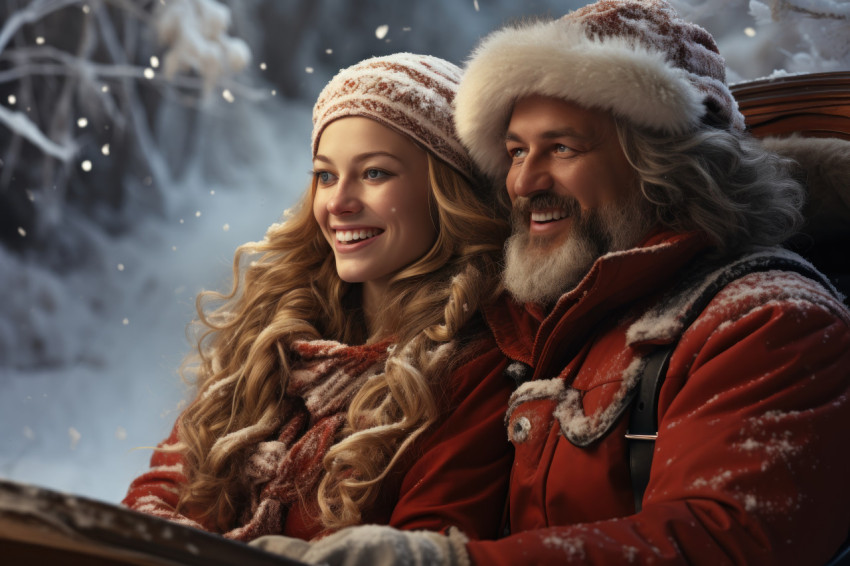 Couple delighting in a festive sleigh ride amidst snowy scenery