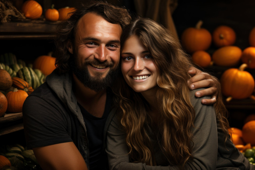 Couple celebrating amidst pumpkins and fall foliage