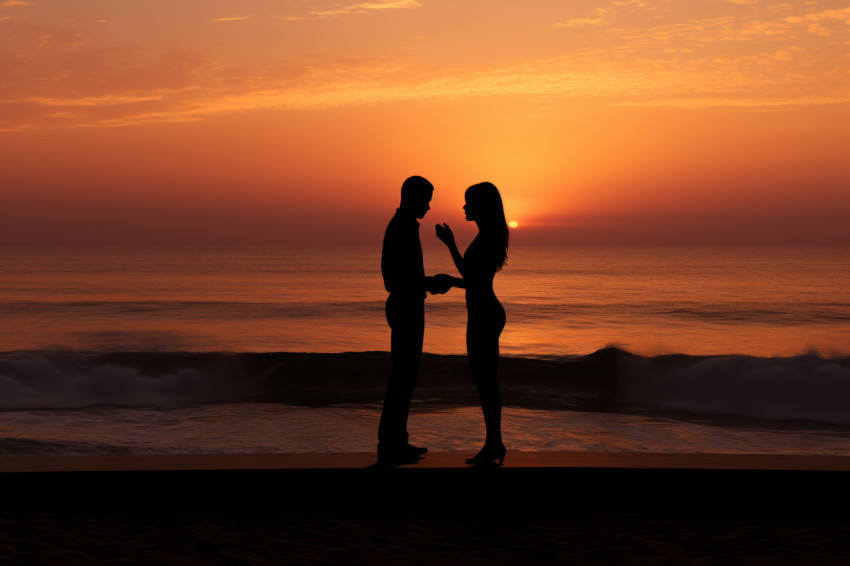 Silhouetted beach proposal against the sunset and ocean waves