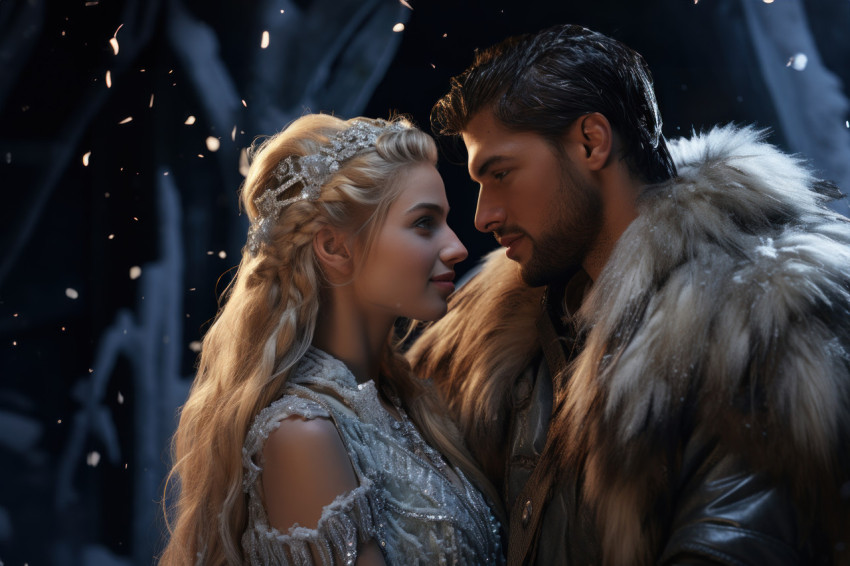 Couple in a magical winter fairytale with ice sculptures and a castle backdrop