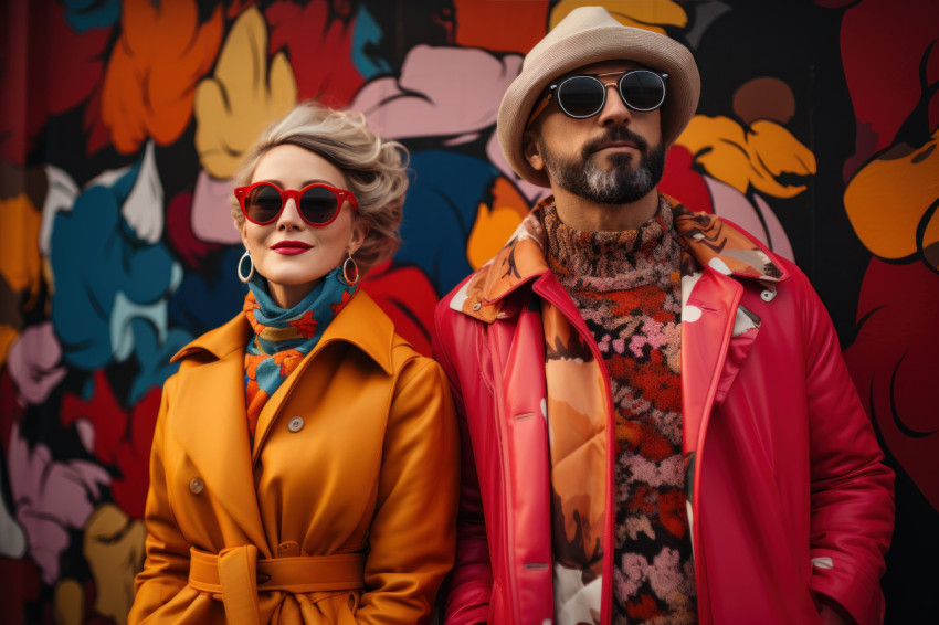 Trendy urban couple showcasing style against a colorful graffiti covered wall