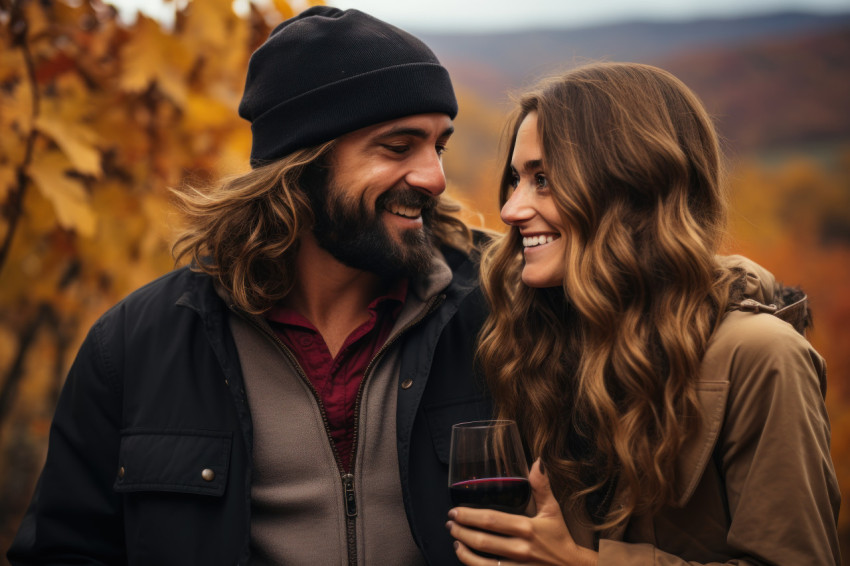 Couple enjoying wine amidst vibrant fall colors