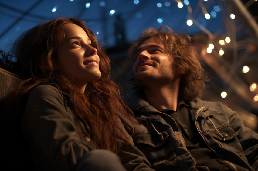 Couple embracing on a rooftop amidst the stars