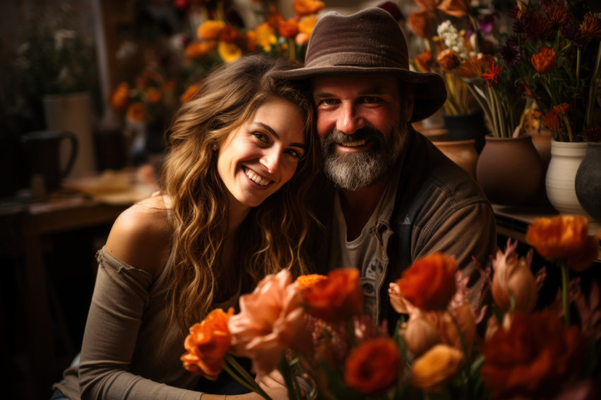 Couple crafting pottery together in a romantic workshop