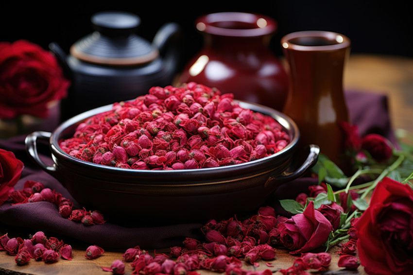 A fragrant tableau of love with red roses on a spice infused table