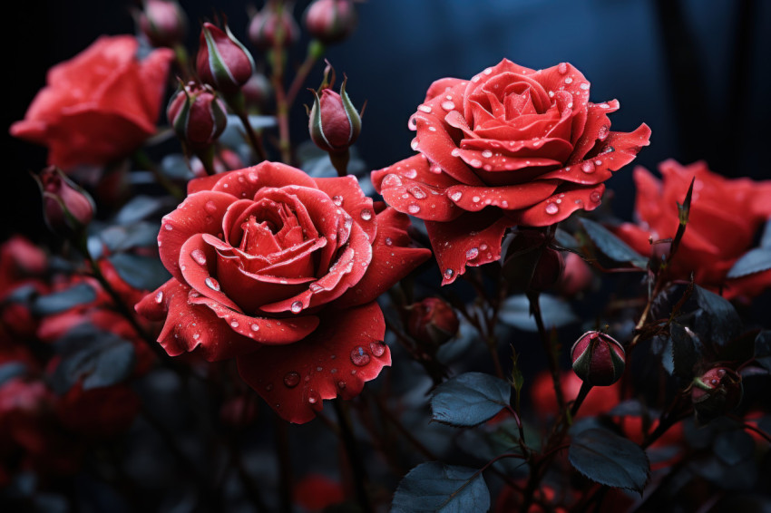 Romantic red roses bathed in the soft glow of moonlight