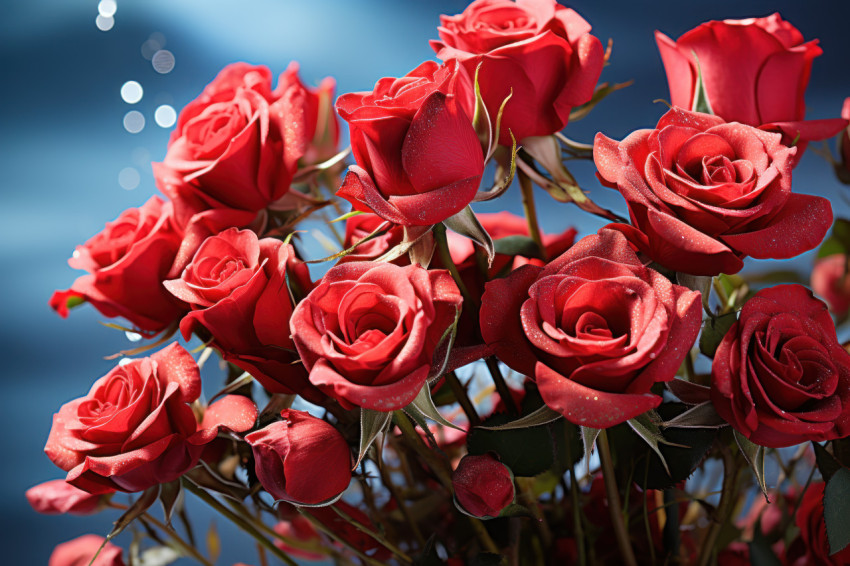 A celestial love story told through red roses and an aurora filled sky