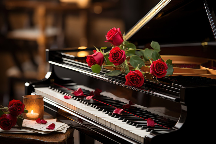 A red rose and sheet music create a melodic scene on the grand piano