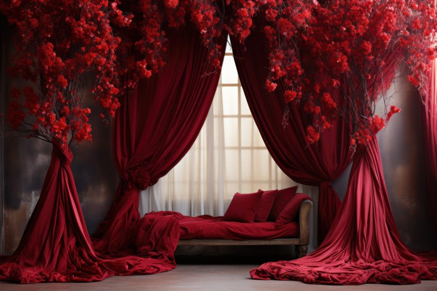 A passionate and intimate setting with a bed adorned in red roses