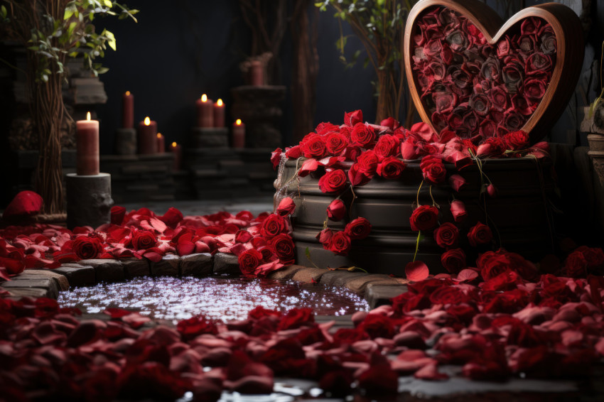 Romantic ambiance with red roses forming a heart around a tranquil pool