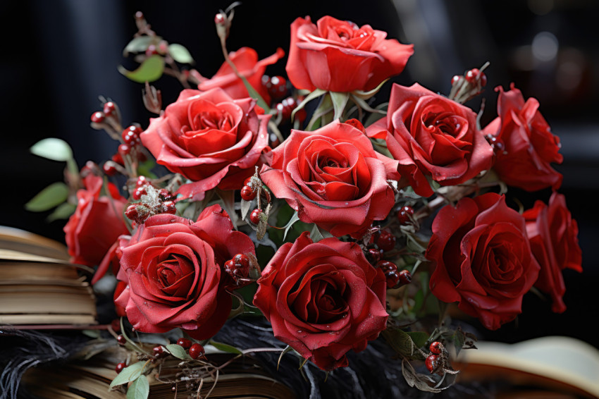 Red roses harmonizing in a celestial melody of love notes