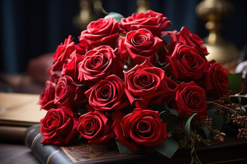Enduring love showcased in a majestic scene with vibrant red roses in a regal setting