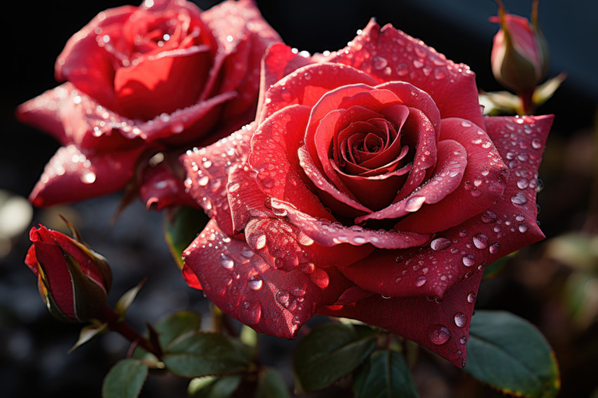 Dew kissed red roses in the morning light a visual ode to the purity of love