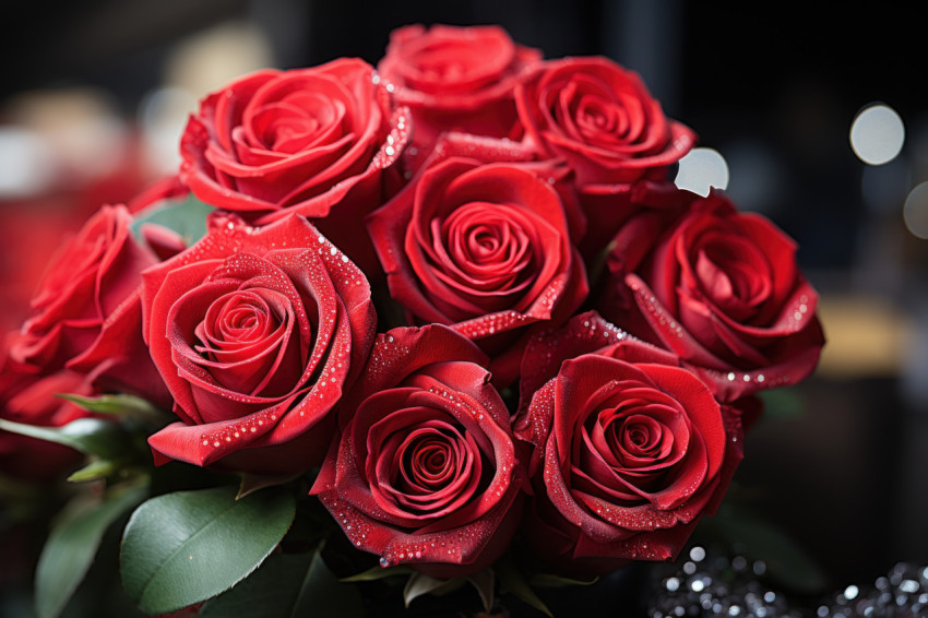 Diamonds sparkle around enchanting red roses