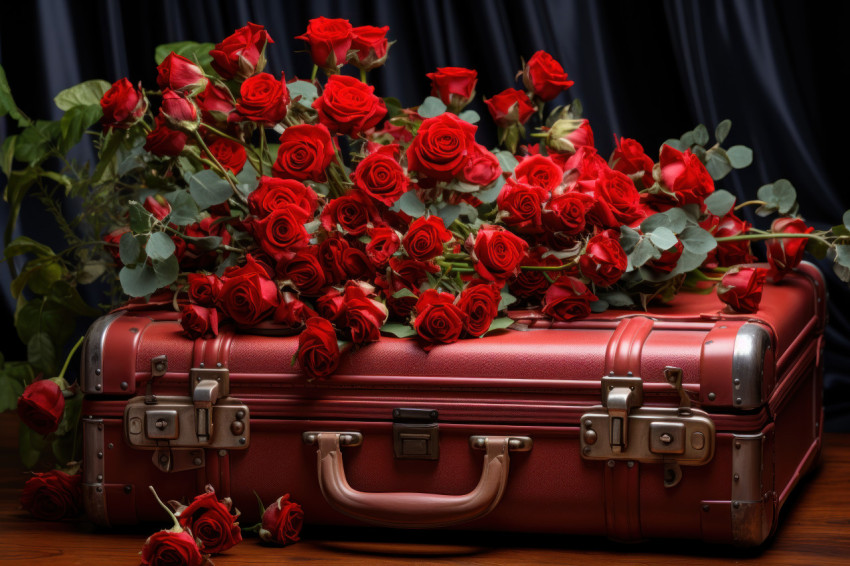 Red roses on a suitcase set the stage for a romantic adventure