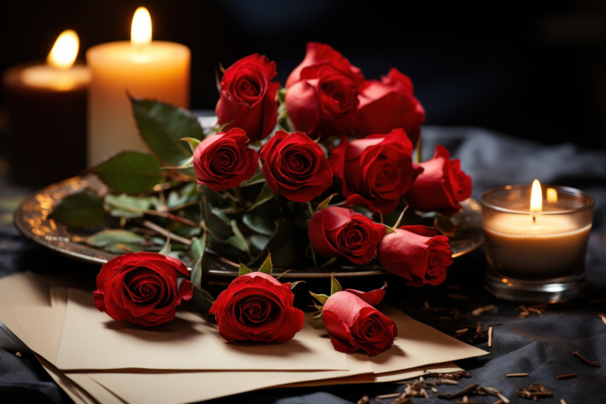 Vintage love captured in a single red roses atop a heartfelt letter bathed in candlelight