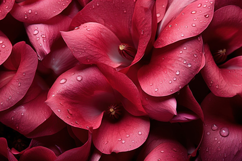 Sensual red rose petals covered in delicate dewdrops evoking the beauty of love