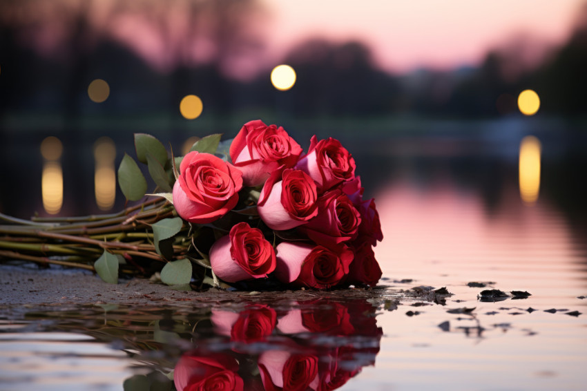 Red roses elegantly arranged by a moonlit pond