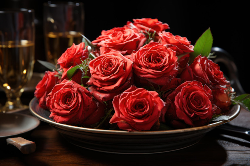 Red roses grace a beautifully arranged dining table