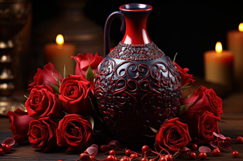 Captivating symbolism of love: red roses in a vintage elixir vessel