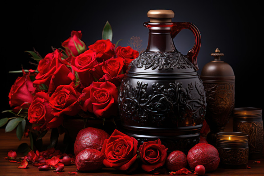 The enchanting allure of love depicted through red roses in a vintage potion bottle