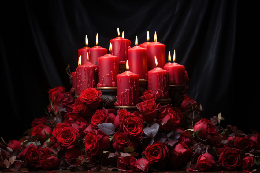 A romantic ballet scene with red roses and flickering candlelight