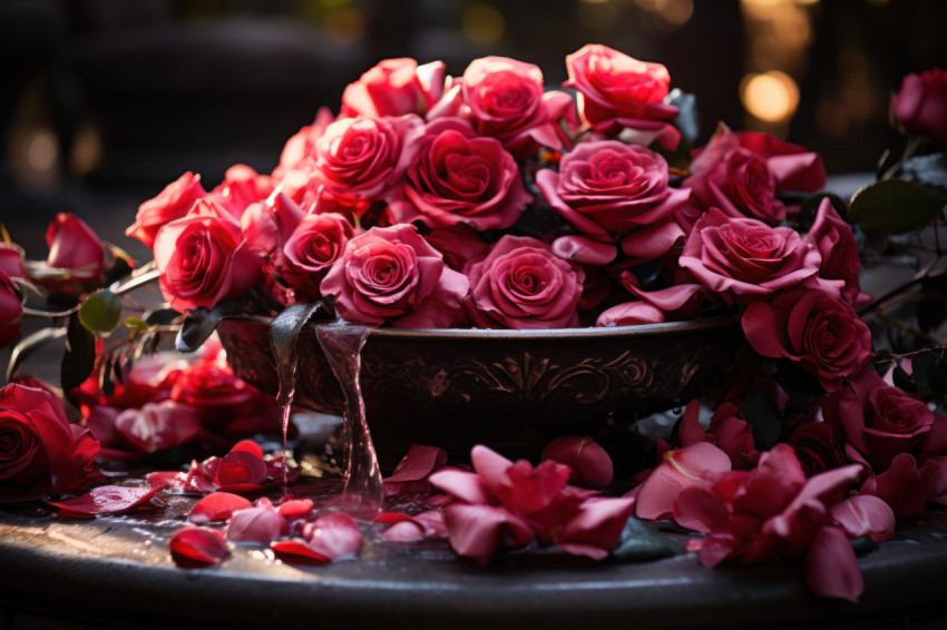 Enchanting scene of red roses embracing a romantic fountain
