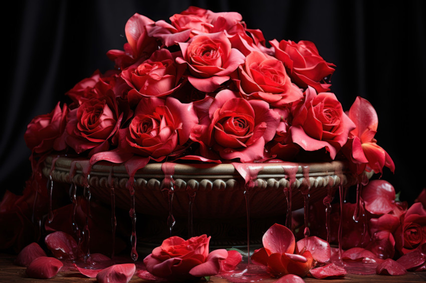 Eternal love portrayed through red roses encircling a romantic fountain