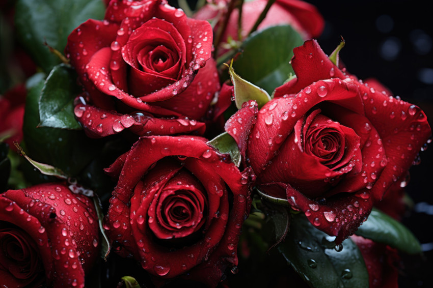Red roses captured in a gentle shower of emotion