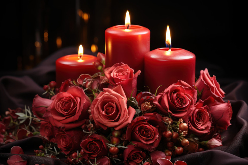 Soft candlelight enhances the beauty of red roses on canvas