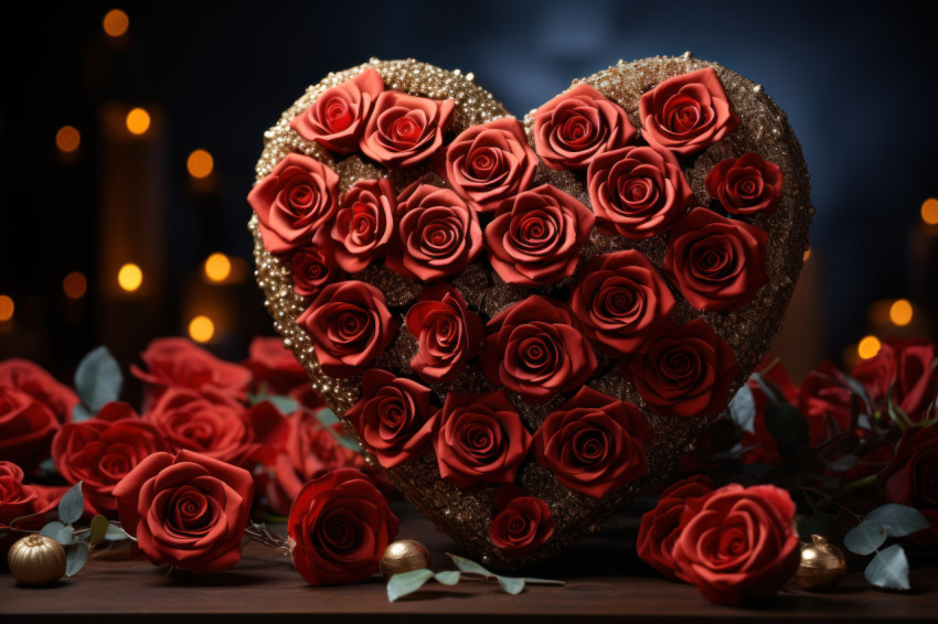 Ethereal radiance illuminates a stunning heart of meticulously arranged red roses