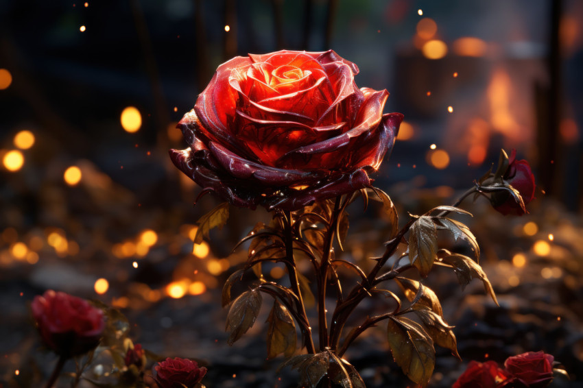 Captivating scene of a red rose bathed in ethereal light surrounded by enchanting fireflies