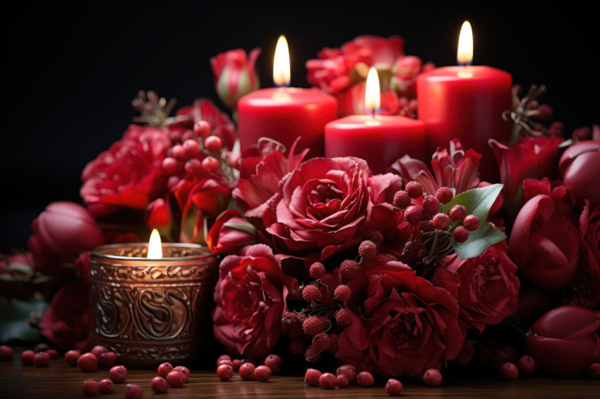 Red roses illuminated by gentle candlelight