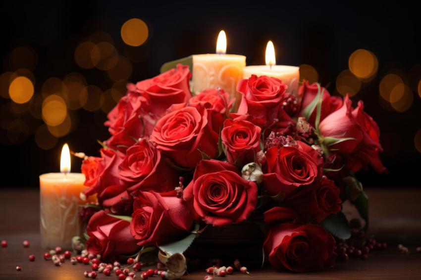 A warm and romantic scene featuring red roses illuminated by candlelight