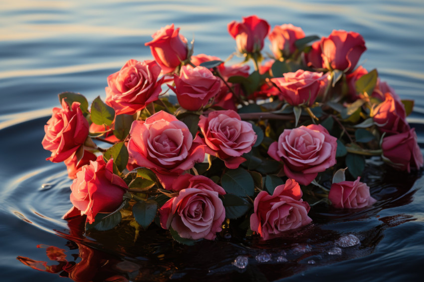 Tranquil waters carry a boat adorned with the beauty of red roses