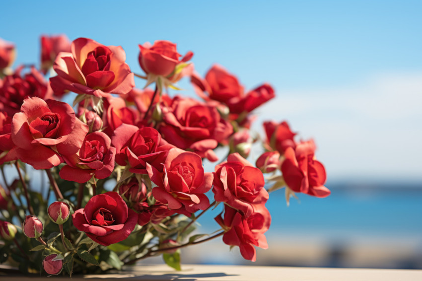 A serene horizon embraces vibrant red roses