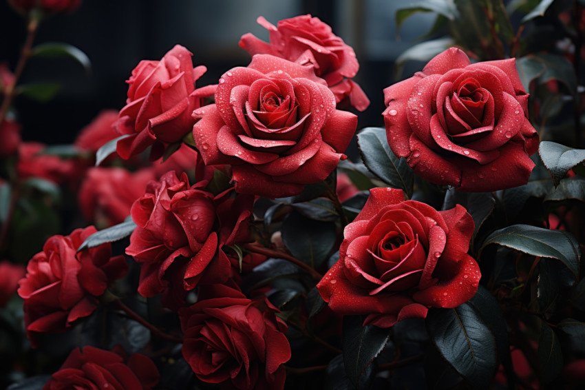 A romantic morning tableau unfolds as red roses grace the mist with whispers of love