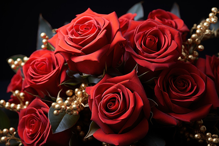Luxurious red roses aglow with golden romance