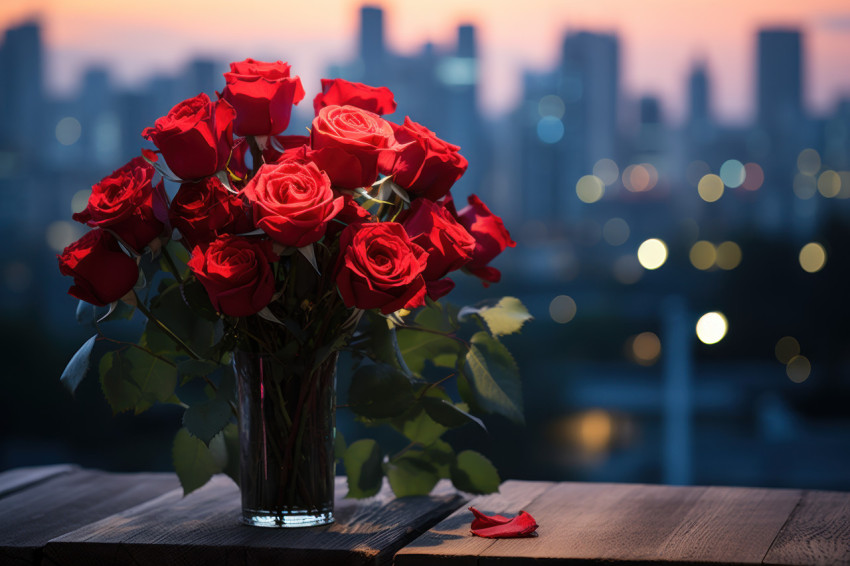 Red roses in the glow of city lights