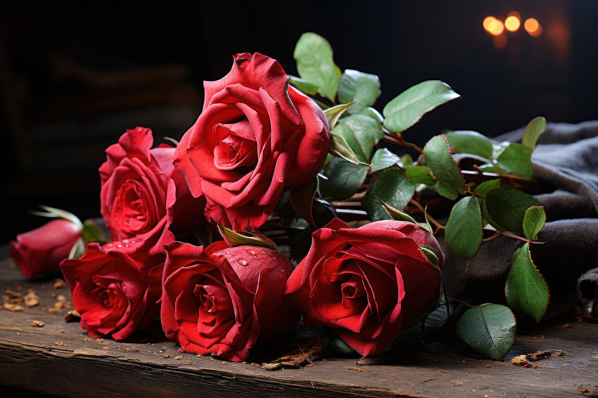 Red roses in a rustic setting