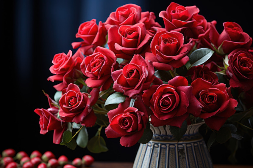 A poetic scene of red roses in the breeze whispering the language of love